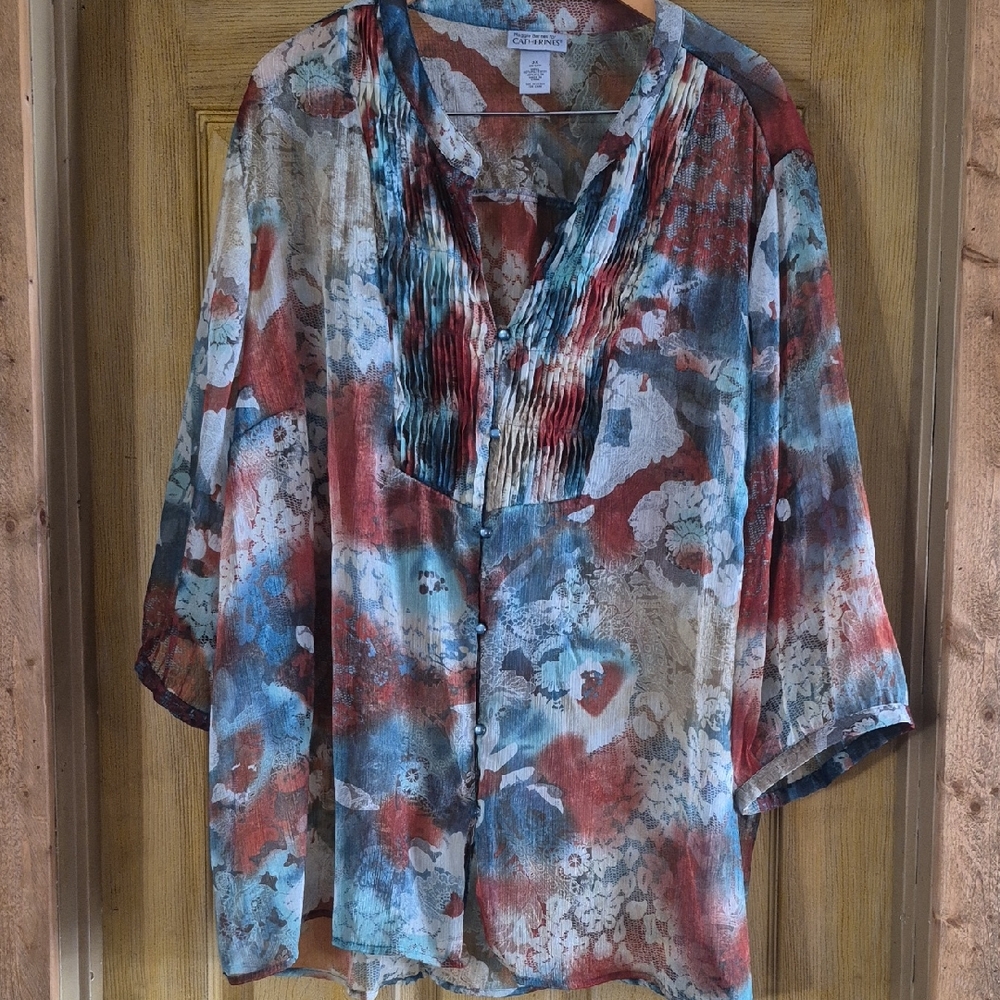 Catherines Abstract Burnt Orange  Blue Blouse 3x Slight Sheer Gorgeous For Fall